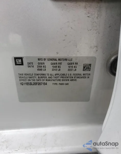 2014 Chevrolet Malibu 2Lt from USA, damaged, VIN 1G11E5SL2EF287154